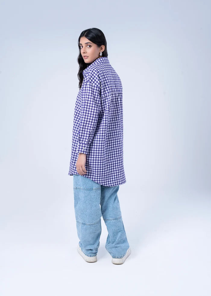 Women’s winter woven check top, purple-and-white button-up with long sleeves