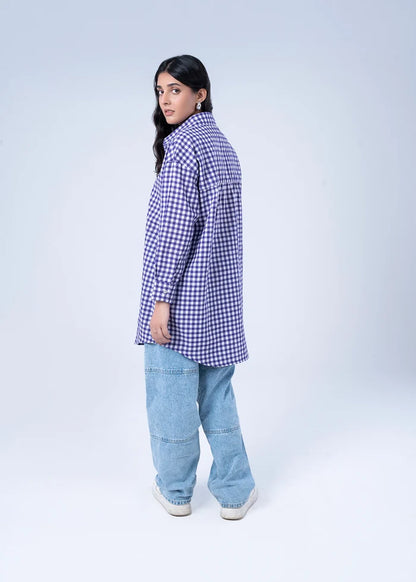 Women’s winter woven check top, purple-and-white button-up with long sleeves