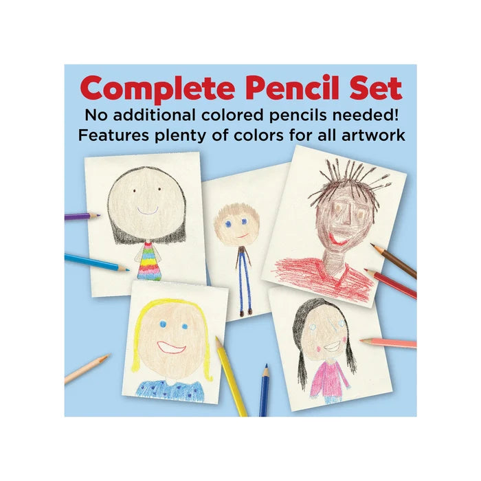 Advertisement for a complete pencil set with colored pencils and children's drawings on a blue background.