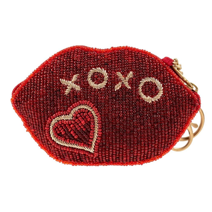 Red beaded coin purse key chain with 'XOXO' and heart design on a white background